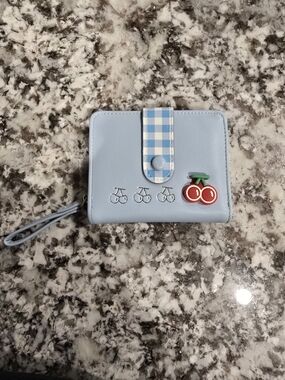 Light Blue Cherry Wristlet Wallet with Gingham Snap